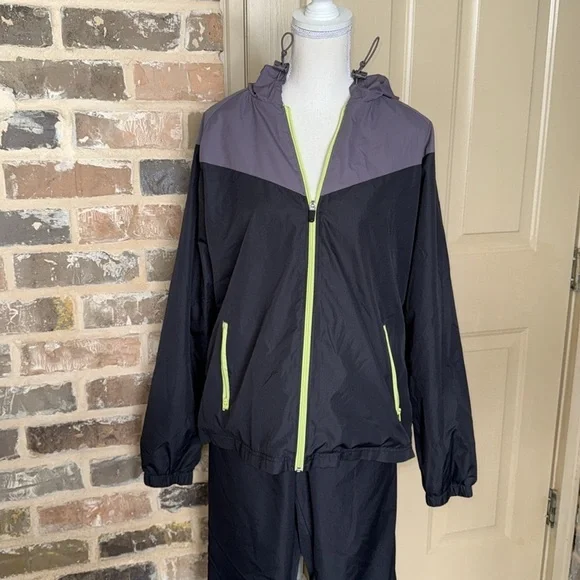 BCG Windsuit Gray Black Neon Green Hooded Jacket & Pants Tracksuit Unisex Sz L - Picture 5 of 14